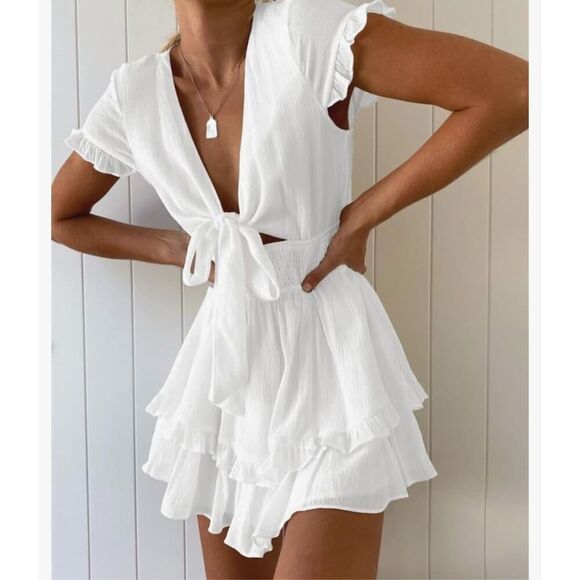 NEW Mini Dress Tie Front V Neck Ruffle Layer A-Line Dress S NO TIE - Picture 1 of 6